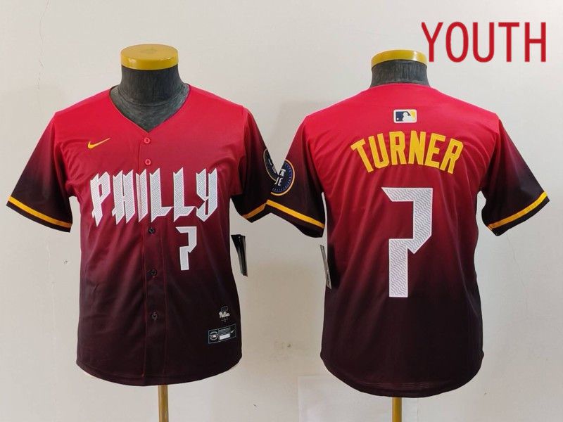 Youth Philadelphia Phillies #7 Turner Red City Edition 2024 Nike MLB Jersey style 4->youth mlb jersey->Youth Jersey